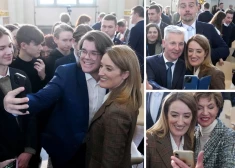 FOTO: jaunieši un pašmāju politiķi diskutē par demokrātiju un taisa selfijus ar EP priekšsēdētāju Metsolu