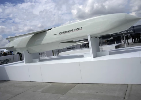 FILE - The Storm Shadow cruise missile is on display during the Paris Air Show in Le Bourget, north of Paris, France, Monday, June 19, 2023. France will deliver deep-strike missiles to Ukraine as part of increased efforts to help with the Ukrainian counteroffensive against Russian forces, President Emmanuel Macron said Tuesday July 11, 2023 at the NATO summit in Vilnius. France has been weighing whether to send Scalp missiles, the equivalent of the British Storm Shadow missiles, to Ukraine. (AP Photo/Lewis Joly, File)  PAR110
