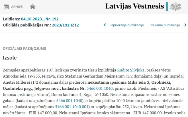 “Latvijas Vēstneša” sludinājums par Stefanam Meisneram un Ingrīda Millerei piederošās mājas izlikšanu izsolē.