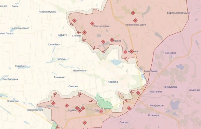 "DeepState" karte ar okupantu uzbrukumiem Avdijivkā.