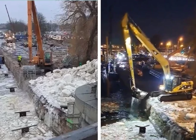 ВИДЕО: рижане в недоумении - строители на набережной сперва сбрасывают лед в воду, а потом вынимают