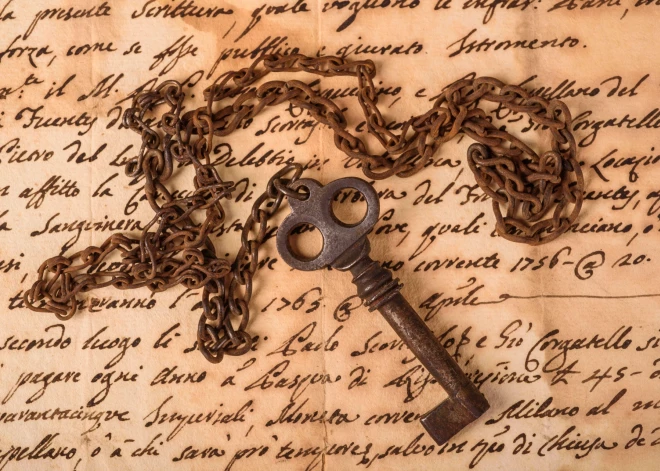 old key Laimes vēstuļu pamatīgums savulaik tika nostiprināts ar pamatīgiem ķēžu buramvārdiem.with chain on manuscript