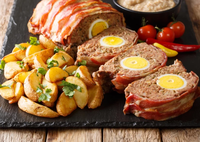 Delicious bacon wrapped meat loaf with egg served with potato wedges and sauce close-up on a slate plate on the table. horizontal