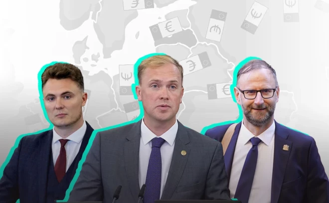 Saeimas deputāti Artūrs Butāns (pa kreisi) un Atis Švinka, kā arī ekonomikas ministrs Viktors Valainis (centrā) runā par investīciju vidi Latvijā.