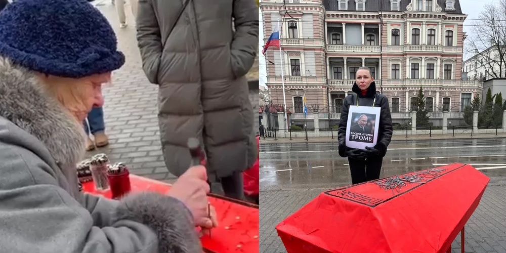 ВИДЕО: напротив посольства РФ в Риге забили гвозди "в крышку гроба Путина"