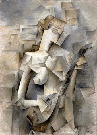 Pablo Pikaso (Pablo Picasso). Meitene ar mandolīnu. 1910. Audekls, eļļa.  Ņujorkas Modernās mākslas muzeja kolekcija. 