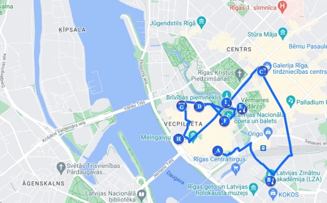 „Google Maps” var atrast 4. maija maršruta shēmu pa Rīgas centru.