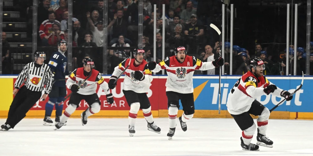 Atspēlēšanās meistari austrieši šokē vareno Somiju pasaules hokeja čempionātā; Zviedrija izmoka uzvaru pār Kazahstānu