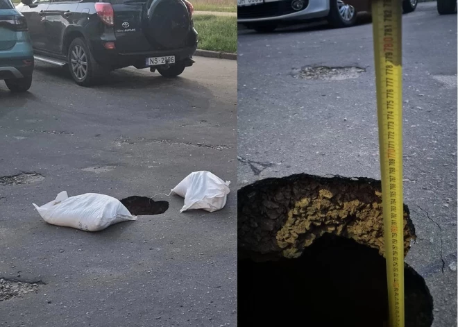 "Страшно ходить по асфальту": жители Вецмилгрависа обнаружили во дворе дыру глубиной... 7,5 метра