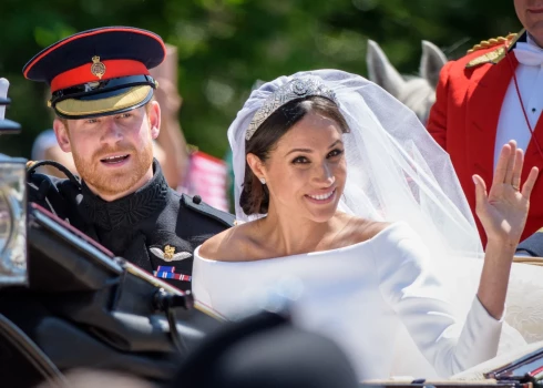 Megana Mārkla un princis Harijs kāzu dienā 2018. gada 19. maijā.