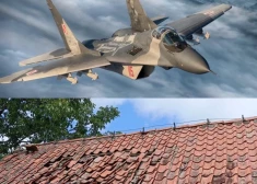 MiG-29 lidmašīna un viens no sapostītajiem māju jumtiem (ekrānuzņēmums no "X")