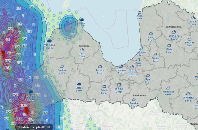 Spēcīgs negaiss tuvojas Kurzemei (ekrānuzņēmums no Latvijas Vides, ģeoloģijas un meteoroloģijas centra vietnes)