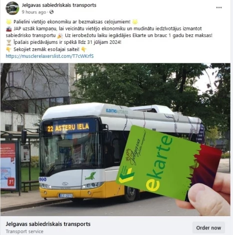 Interneta krāpnieki ar vilinošu piedāvājumu par diviem eiro uz pusgadu piedāvā iegādāties bezmaksas karti bezmaksas braukšanas karti Jelgavas autobusos. Jelgavniekus aicina neuzķerties uz cilvēku banku kontu iztukšotāju “izdevīgo iespēju”.