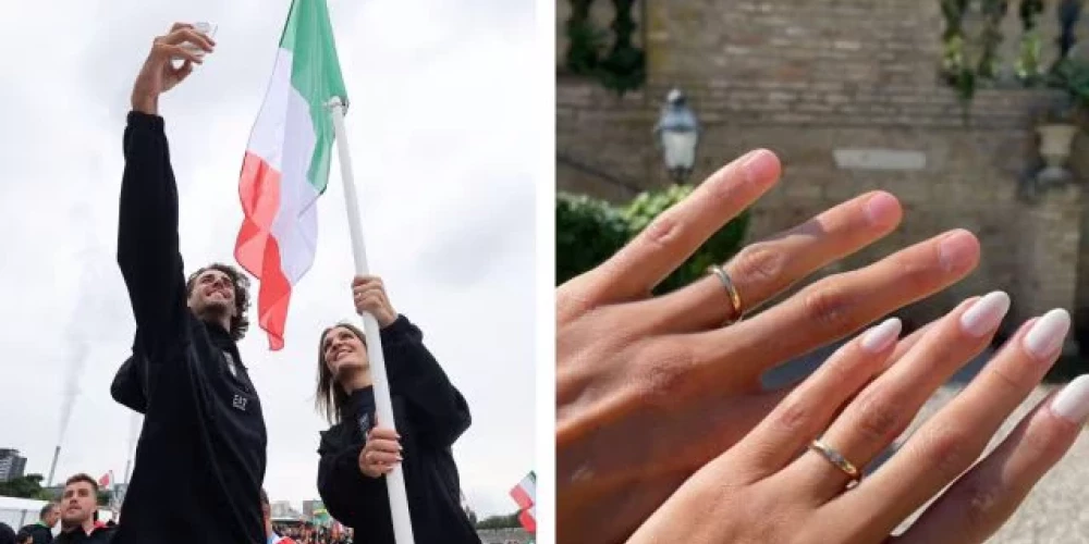 Itālijas karognesēji Arianna Errigo un Džanmarko Tamberi no Itālijas atklāšanas ceremonijas laikā uzņem selfiju uz laivas peldošajā parādē Sēnas upē, (pa labi) Tamberi un viņa sieva pozē ar laulības gredzeniem.