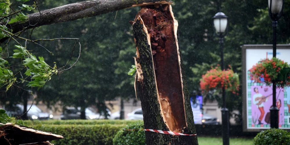 Vētras un stiprā lietus postījumi Neatkarības laukumā.