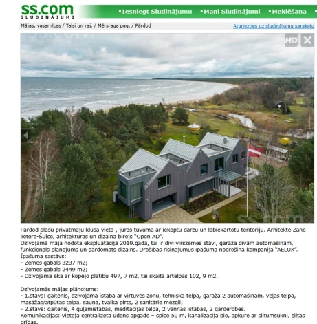 Sludinājumu portālā ss.com lūkojama informācija, ka tirgošanā tiek piedāvāts īpašums Upesgrīvā, Mērsraga pagastā.