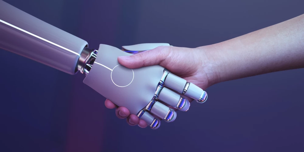 Robot handshake human background, futuristic digital age