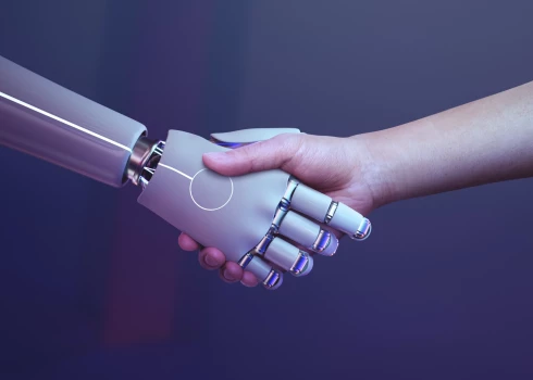 Robot handshake human background, futuristic digital age