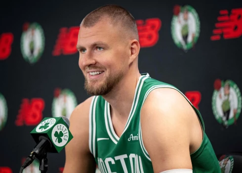 Kristaps Porziņģis Bostonas "Celtics" mediju dienā pirms jaunās sezonas.