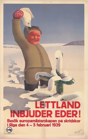 Plakāts, kas aicina apmeklēt Latvijā notiekošo slidošanas čempionātu.