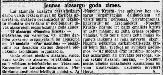 “Iekšlietu Ministrijas Vēstnesis” 1927. gada 20. novembrī raksta par Aizsargu Nopelnu krusta nodibināšanu.