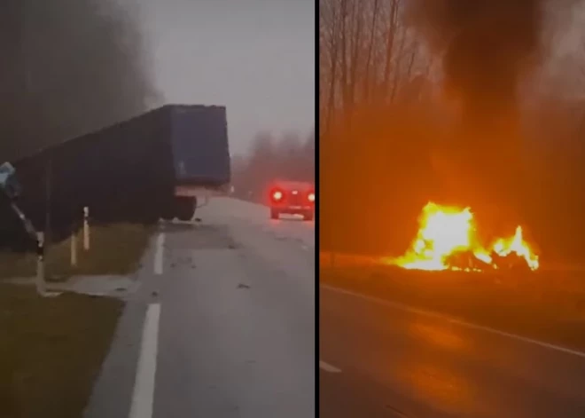 ВИДЕО: легковушка загорелась после столкновения с грузовиком на трассе