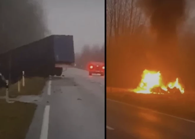 VIDEO: nopietna avārija uz autoceļa A12; negadījumā iesaistītā automašīna aizdegusies