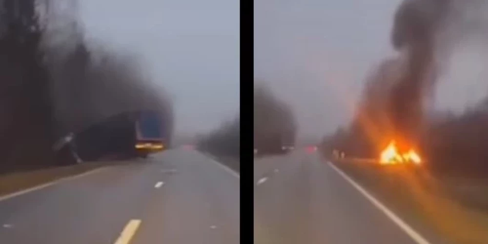 Легковой автомобиль после аварии загорелся.