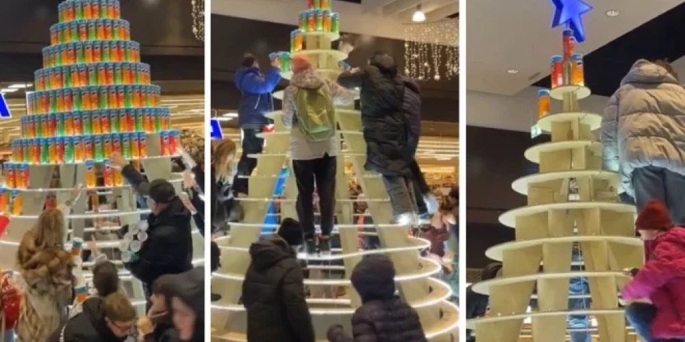 Eglīte, sastādīta no čipšu bundžām, atradās aiz norobežojuma, un bija acīmredzams, ka tās nebija paredzētas veikala apmeklētājiem.