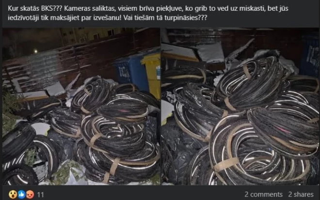 Baložos kādas mājas pagalmā radusies nepatīkama situācija – pie atkritumu konteineriem samesta kaudze ar vecām divriteņu riepām.