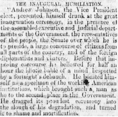 Ohaio štata Kadisas laikraksta "The Cadiz Sentinel" raksts 1865. gada 15. martā par Džonsona uzstāšanos (ekrānuzņēmums no ASV Kongresa bibliotēkas vietnes)