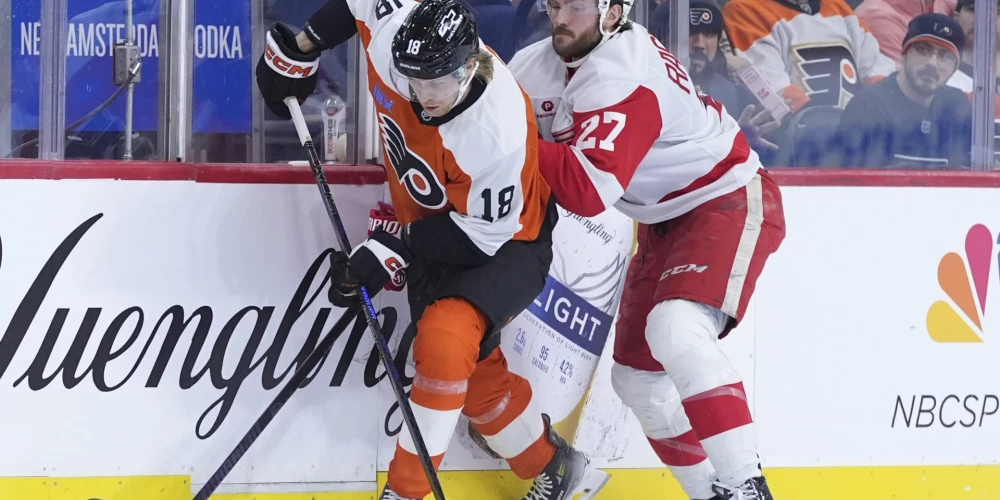 Rodrigo Ābola pārstāvētā Filadelfijas "Flyers" savā laukumā ar rezultātu 2:1 (0:0, 1:0, 0:1, 1:0) uzvarēja Detroitas "Red Wings" komandu.
