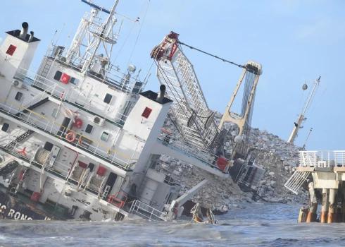 The Cypriot-flagged cargo ship Guang Rong aground in Marina di Massa (Massa Carrara). The 100-meter-long vessel ran aground near a pier due to bad weather, the Italian Coast Guard said, adding that its crew was safe. Tuscany, central Italy, 29 Jan 2025.