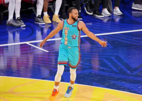 Feb 16, 2025; San Francisco, CA, USA; Shaqs OGs guard Stephen Curry (30) of the Golden State Warriors reacts after a play against Chucks Global Stars during the 2025 NBA All Star Game at Chase Center. Mandatory Credit: Cary Edmondson-Imagn Images