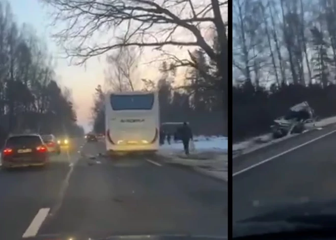 ВИДЕО: на Лиепайском шоссе - авария пассажирского автобуса и легкового авто со смертельным исходом