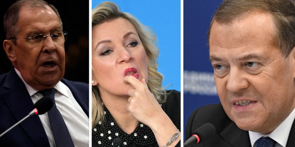 Krievijas ārlietu ministrs Sergejs Lavrovs, ministrijas runassieva Marija Zaharova, eksprezidents Dmitrijs Medvedevs (foto: Scanpix / AP / Vidapress / Sipa USA / Kommersant)