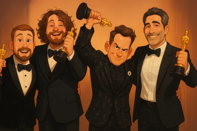 Gints Zilbalodis, Matīss Kaža, Rons Diānss un Gregorijs Zalkmans ar Latvijas pirmo "Oskara" balvu.