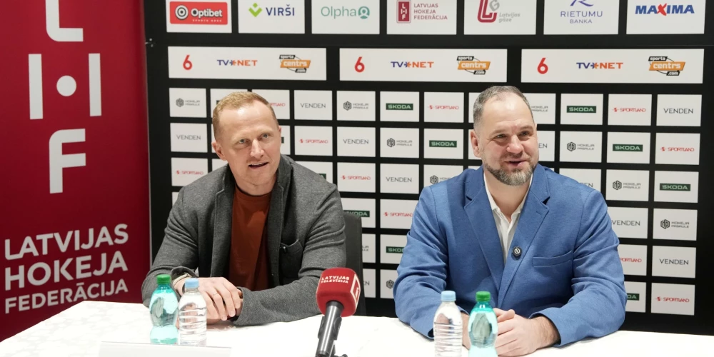 Artis Ābols un Ģirts Ankipāns preses konferencē pirms OHL finālsērijas.