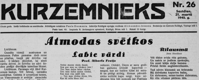 1945. gada Lieldienās visus sveic Kuldīgas laikraksts “Kurzemnieks”.