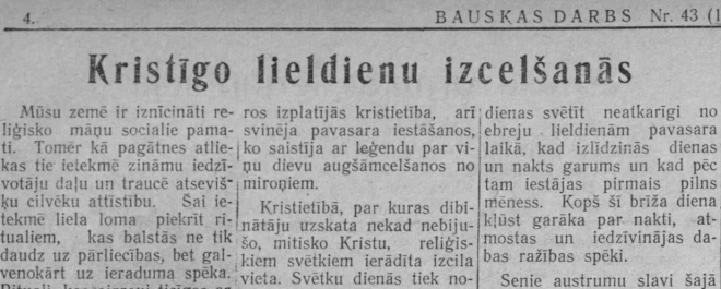 1955. gada Lieldienu antireliģiskās kampaņas “superraksts” Latvijas presē “Kristīgo lieldienu izcelšanās” laikrakstā “Bauskas Darbs”.