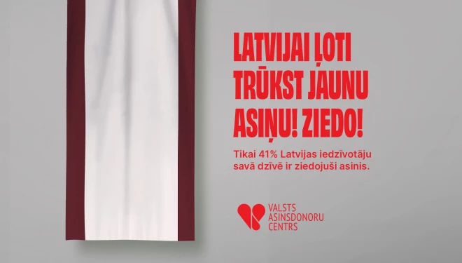 VADC kampaņā “Piepildi karogu” radīts īpašs karogs, kas spilgti ataino realitāti – vien 41% Latvijas iedzīvotāju ir ziedojuši asinis.