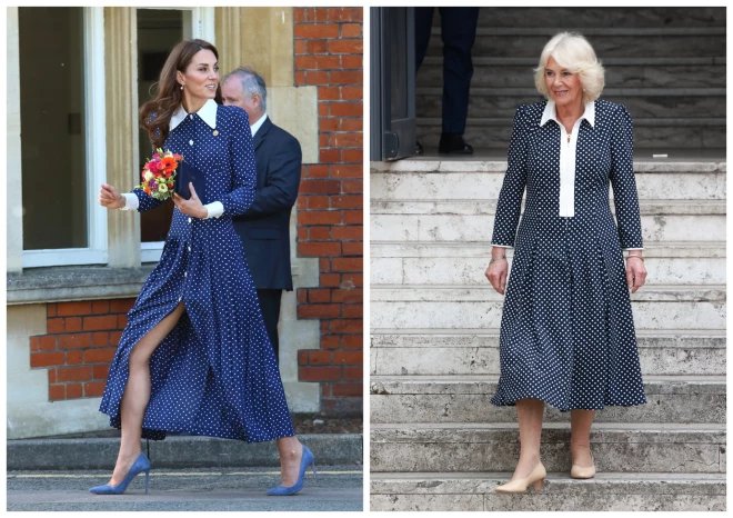 Princese Ketrīna un karaliene Kamilla iecienījušas tumši zilas kleitas ar zirnīšu rakstu.