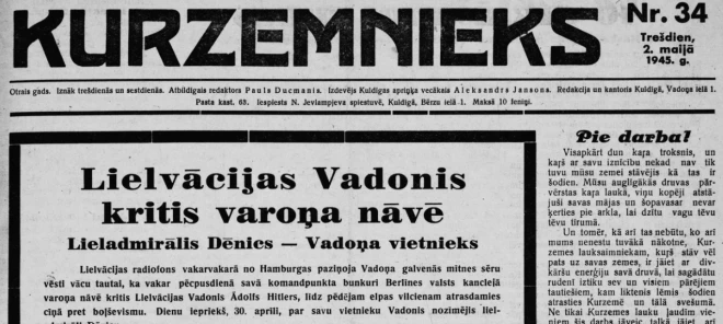 1945. gada 2. maijā Kuldīgas “Kurzemnieks” iznāca sēru noformējumā.