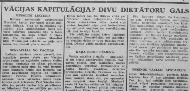 Stokholmā iznākošais “Latvju Vārds” 1945. gada 2. maijā raksta par “sensacionālajām baumām” par Ādolfa Hitlera nāvi.