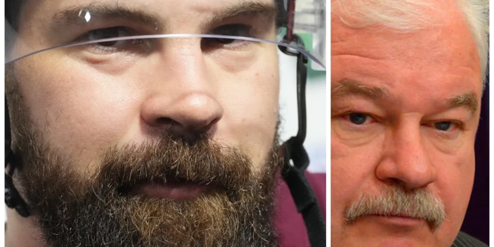 Latvijas hokeja izlases kapteinis Kaspars Daugaviņš un bijušais Krievijas izlases treneris Vladimirs Pļuščevs (foto: Edijs Pālens / LETA / ekrānuzņēmums no "X")