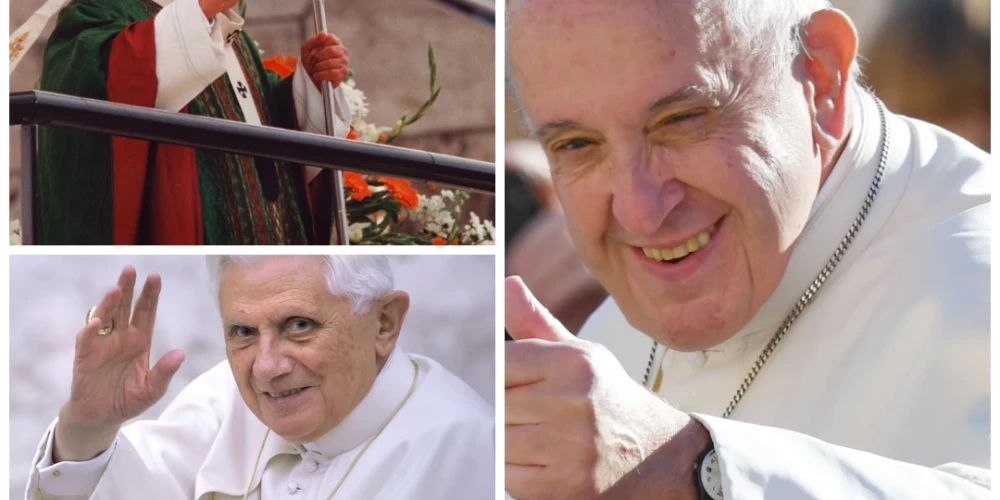 Pēdējie trīs pāvesti, polis Jānis Pāvils II (augšā pa kreisi), vācietis Benedikts XVI (apakšā pa kreisi) un argentīnietis Francisks (pa labi) pārtrauca itāļu nepārtraukto sēdēšanu pāvesta krēslā kopš 1523. gada (foto: Scanpix / akg-images / picture alliance / Stefano Spaziani / AFP; kolāža: jauns.lv)