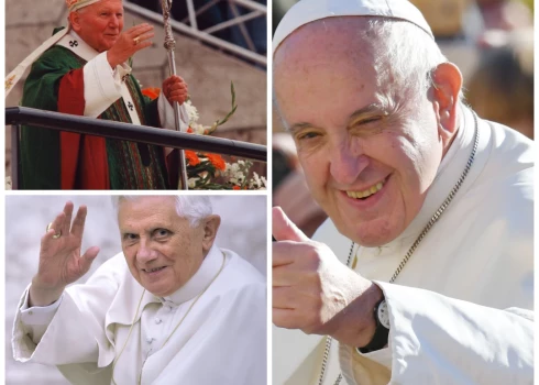 Pēdējie trīs pāvesti, polis Jānis Pāvils II (augšā pa kreisi), vācietis Benedikts XVI (apakšā pa kreisi) un argentīnietis Francisks (pa labi) pārtrauca itāļu nepārtraukto sēdēšanu pāvesta krēslā kopš 1523. gada (foto: Scanpix / akg-images / picture alliance / Stefano Spaziani / AFP; kolāža: jauns.lv)