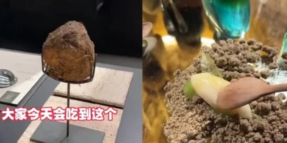 Savdabīgais "deserts" Šanhajas restorānā (ekrānuzņēmums no "Douyin")