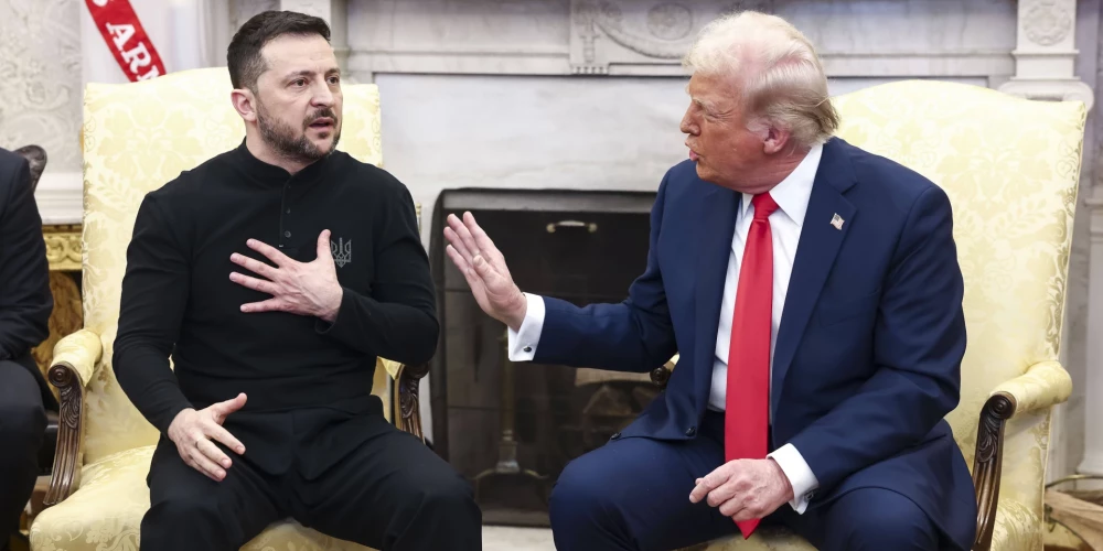 Ukrainas prezidents Volodimirs Zelenskis un ASV prezidents Donalds Tramps Baltajā namā, kur Tramps ar saviem palīgiem brutāli nodemonstrēja, ka Vašingtona ir Kremļa pusē