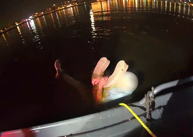 ФОТО: в Риге спасли пенсионера, который прыгнул в Даугаву с Вантового моста